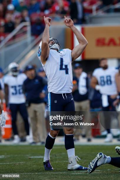 Kicker Ryan Succop of the Tennessee Titans celebrates after kicking a field goal against the San Francisco 49ers during the third quarter at Levi's...