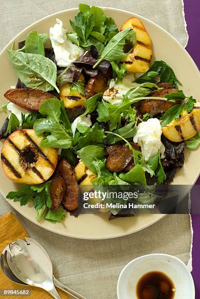 grilled peach salad - chorizo stock pictures, royalty-free photos & images