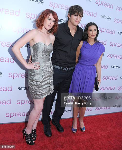Actress Rumer Willis, actor Ashton Kutcher and actress Demi Moore arrive at the Los Angeles Premiere "Spread" held at ArcLight Hollywood on August 3,...