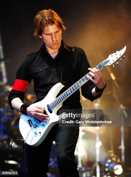 Christopher Amott of Arch Enemy performs on stage on the first day of Bloodstock Open Air festival at Catton Hill on August 14, 2009 in Derby,...