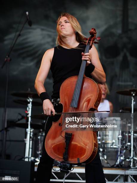 Eicca Toppinen of Apocalyptica performs on stage on the second day of Bloodstock Open Air festival at Catton Hall on August 15, 2009 in Derby,...