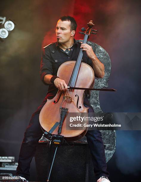 Paavo Lotjonen of Apocalyptica performs on stage on the second day of Bloodstock Open Air festival at Catton Hall on August 15, 2009 in Derby,...