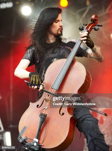 Perttu Kivilaakso of Apocalyptica performs on stage on the second day of Bloodstock Open Air festival at Catton Hall on August 15, 2009 in Derby,...