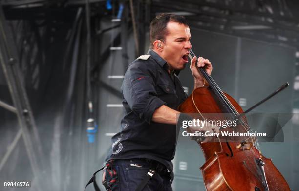 Paavo Lotjonen of Apocalyptica performs on stage on the second day of Bloodstock Open Air festival at Catton Hall on August 15, 2009 in Derby,...