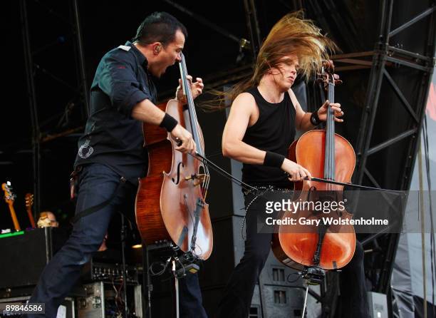 Paavo Lotjonen and Eicca Toppinen of Apocalyptica performs on stage on the second day of Bloodstock Open Air festival at Catton Hall on August 15,...