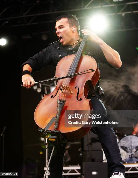 Paavo Lotjonen of Apocalyptica performs on stage on the second day of Bloodstock Open Air festival at Catton Hall on August 15, 2009 in Derby,...