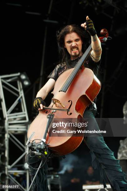 Perttu Kivilaakso of Apocalyptica performs on stage on the second day of Bloodstock Open Air festival at Catton Hall on August 15, 2009 in Derby,...