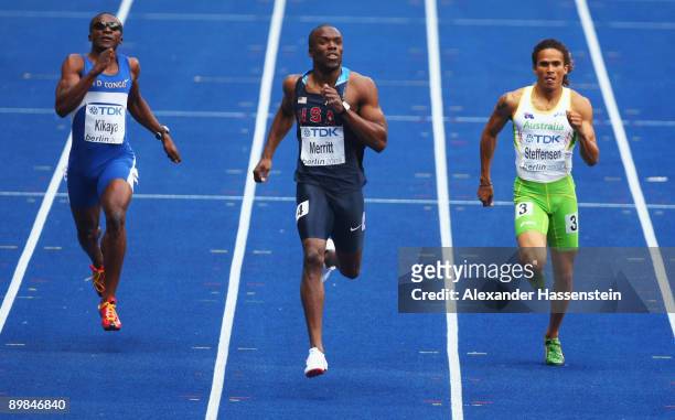 Gary Kikaya of Congo Democratic Republic of the, Lashawn Merritt of United States and John Steffensen of Australia compete in the men's 400 Metres...