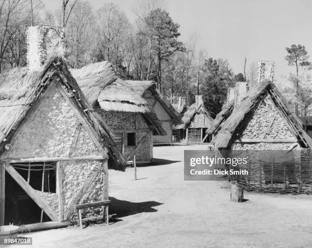 Reconstructed houses at the Jamestown Festival Park, Virginia, USA, circa 1965. The site of the first English settlement on the North American...