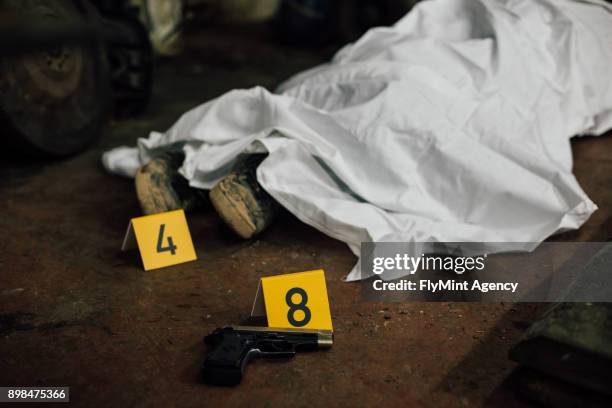 crime scene investigation - covered human body and evidences - murder victim stock pictures, royalty-free photos & images