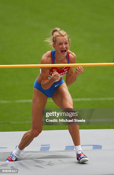 Elena Slesarenko of Russia reacts after she competed in the women's High Jump Qualification during day four of the 12th IAAF World Athletics...