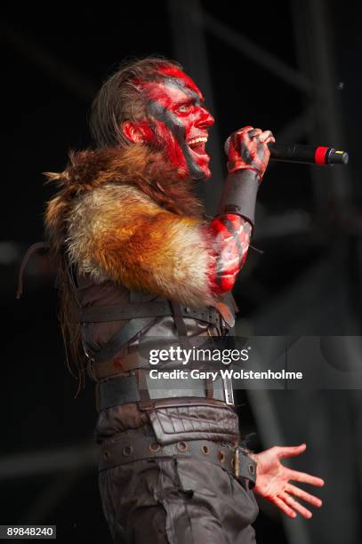 Mathias Nygard of Turisas performs on stage on the last day of Bloodstock Open Air festival at Catton Hall on August 16, 2009 in Derby, England.