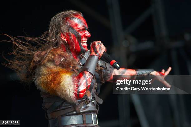 Mathias Nygard of Turisas performs on stage on the last day of Bloodstock Open Air festival at Catton Hall on August 16, 2009 in Derby, England.