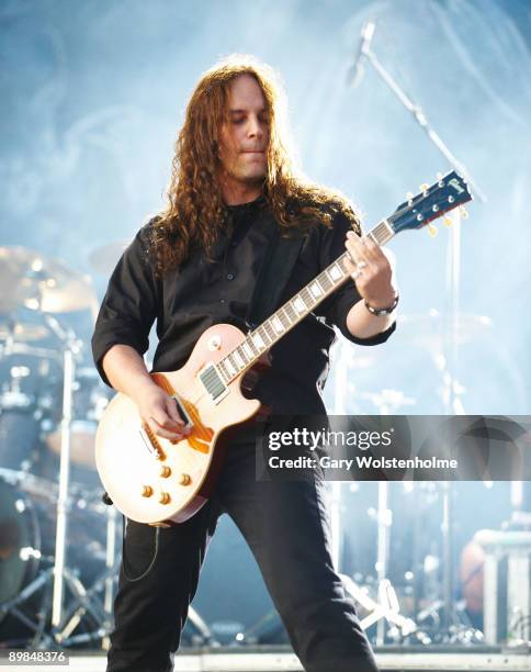 Marcus Siepen of Blind Guardian performs on stage on the second day of Bloodstock Open Air festival at Catton Hall on August 15, 2009 in Derby,...