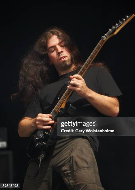 Rene Berthiaume of Equilibrium performs on stage on the last day of Bloodstock Open Air festival at Catton Hall on August 16, 2009 in Derby, England.