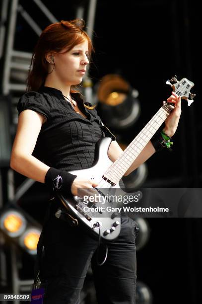 Sandra Volkl of Equilibrium performs on stage on the last day of Bloodstock Open Air festival at Catton Hall on August 16, 2009 in Derby, England.