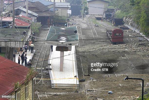 The aerial photo taken on August 18, 2009 shows the damaged railroad at a rail station in Alishan, a popular scenic spot in Taiwan's southern Chiayi...