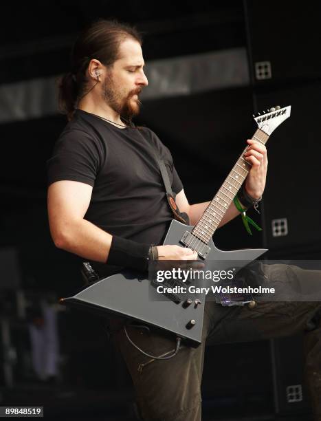 Andreas Volkl of Equilibrium performs on stage on the last day of Bloodstock Open Air festival at Catton Hall on August 16, 2009 in Derby, England.