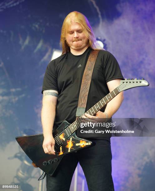 Olavi Mikkonen of Amon Amarth performs on stage on the last day of Bloodstock Open Air festival at Catton Hall on August 16, 2009 in Derby, England.