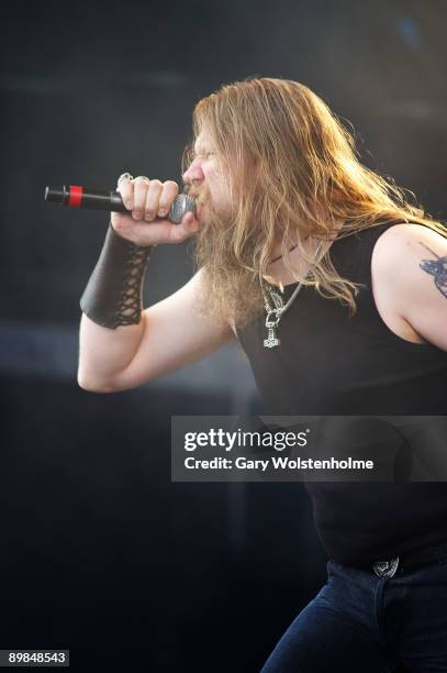 Johan Hegg of Amon Amarth performs on stage on the last day of Bloodstock Open Air festival at Catton Hall on August 16, 2009 in Derby, England.