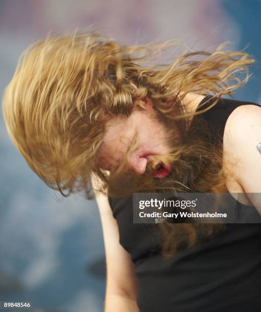 Johan Hegg of Amon Amarth performs on stage on the last day of Bloodstock Open Air festival at Catton Hall on August 16, 2009 in Derby, England.