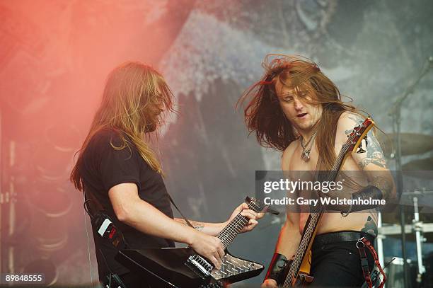 Johan SÃ¶derberg and Ted Lundstrom of Amon Amarth performs on stage on the last day of Bloodstock Open Air festival at Catton Hall on August 16, 2009...