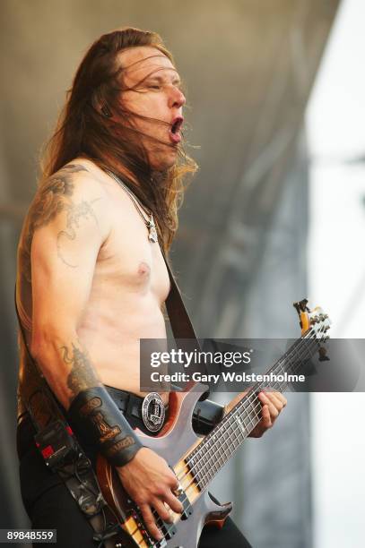 Ted Lundstrom of Amon Amarth performs on stage on the last day of Bloodstock Open Air festival at Catton Hall on August 16, 2009 in Derby, England.