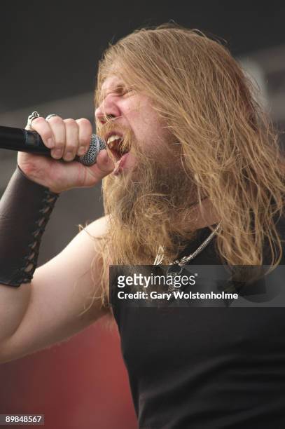 Johan Hegg of Amon Amarth performs on stage on the last day of Bloodstock Open Air festival at Catton Hall on August 16, 2009 in Derby, England.