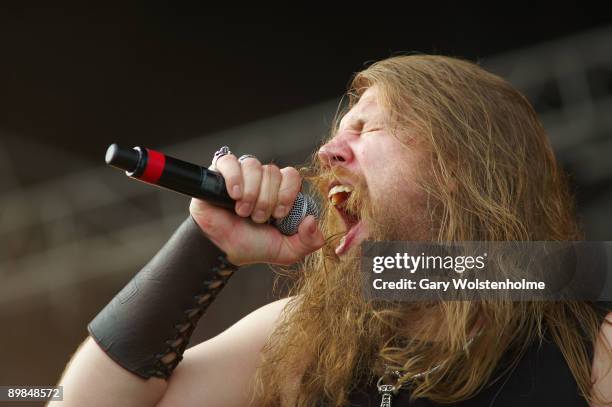 Johan Hegg of Amon Amarth performs on stage on the last day of Bloodstock Open Air festival at Catton Hall on August 16, 2009 in Derby, England.