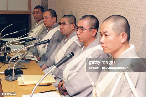 Nichiren Shoshu Buddhism sect leaders attend a press conference on their excommunication of Soka Gakkai leader Daisaku Ikeda at Daiganji Temple on...