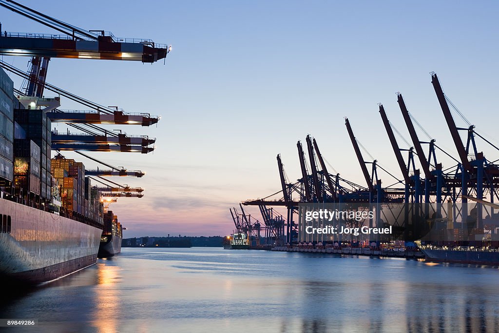 Container terminal at dusk