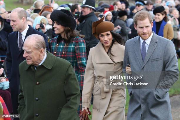 Prince William, Duke of Cambridge, Prince Philip, Duke of Edinburgh, Catherine, Duchess of Cambridge, Meghan Markle and Prince Harry attend Christmas...