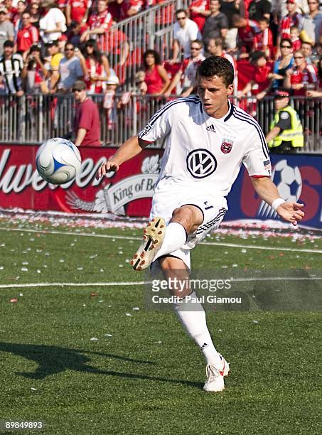 Defender Marc Burch of D.C. United kicks the ball during the match against the Toronto FC at BMO Field on August 15, 2009 in Toronto, Canada. Toronto...