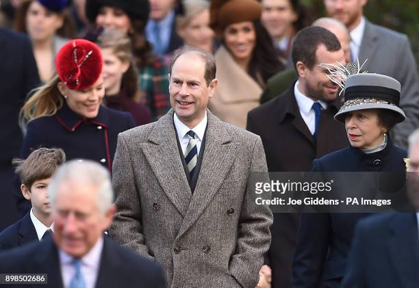 James, Viscount Severn, The Count of Wessex and Princess Royal arriving to attend the Christmas Day morning church service at St Mary Magdalene...