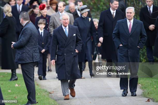 Prince Charles, Prince of Wales and Prince Andrew, Duke of York attend Christmas Day Church service at Church of St Mary Magdalene on December 25,...