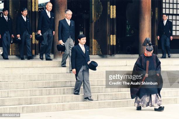 Crown Prince Naruhito visits the Meji Jingu Shrine for the Emperor Meiji 80th Anniversary festival on July 16, 1992 in Tokyo, Japan.