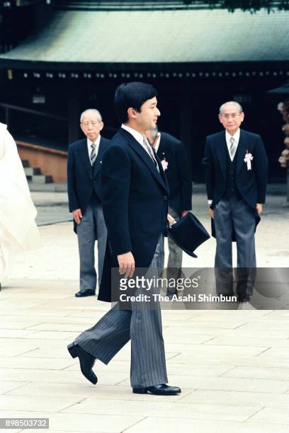 Crown Prince Naruhito visits the Meji Jingu Shrine for the Emperor Meiji 80th Anniversary festival on July 16, 1992 in Tokyo, Japan.
