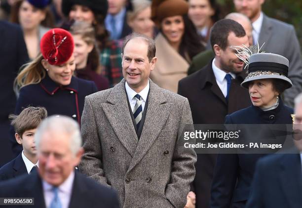 James, Viscount Severn, The Earl of Wessex and Princess Royal arriving to attend the Christmas Day morning church service at St Mary Magdalene Church...
