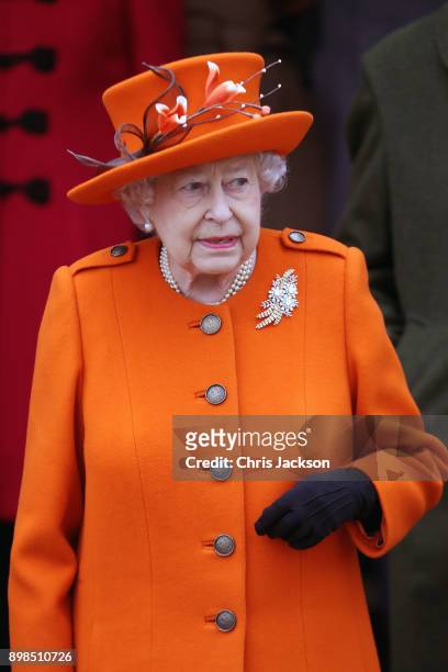 Queen Elizabeth II attends Christmas Day Church service at Church of St Mary Magdalene on December 25, 2017 in King's Lynn, England.