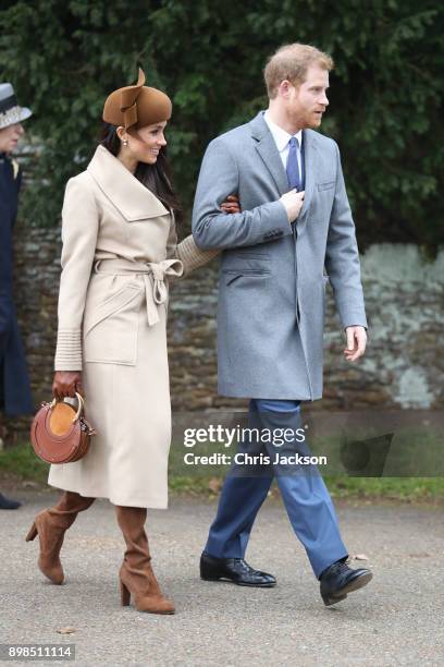 Meghan Markle and Prince Harry attend Christmas Day Church service at Church of St Mary Magdalene on December 25, 2017 in King's Lynn, England.