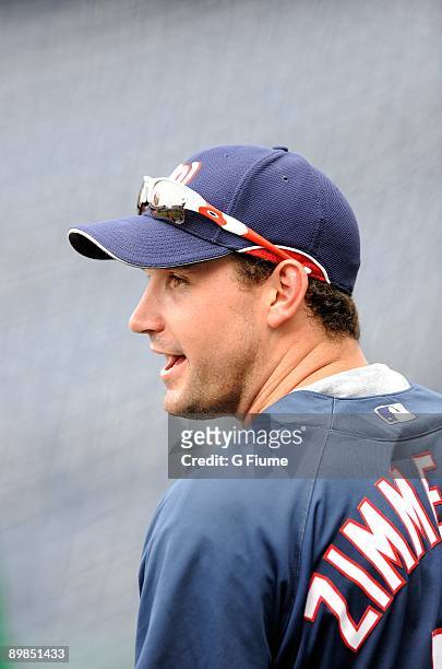 Ryan Zimmerman of the Washington Nationals warms up before the game against the Arizona Diamondbacks at Nationals Park on August 8, 2009 in...