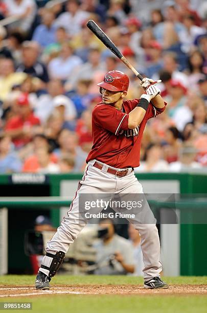 Gerardo Parra of the Arizona Diamondbacks bats against the Washington Nationals at Nationals Park on August 8, 2009 in Washington, DC.