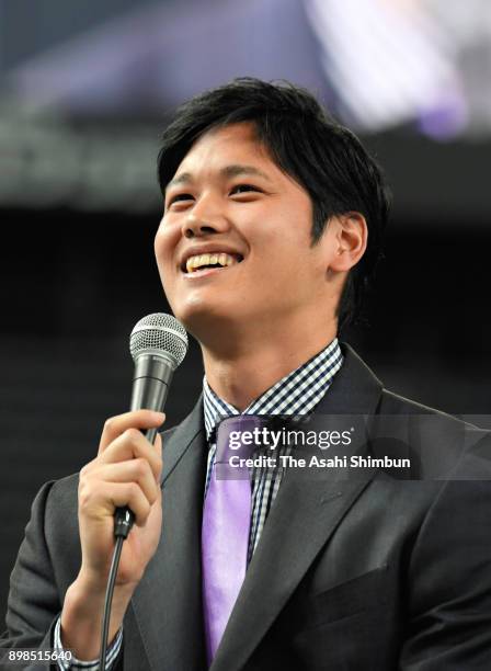 Shohei Ohtani of the Los Angeles Angels talks to fans at the farewell event at Sapporo Dome on December 25, 2017 in Sapporo, Hokkaido, Japan.