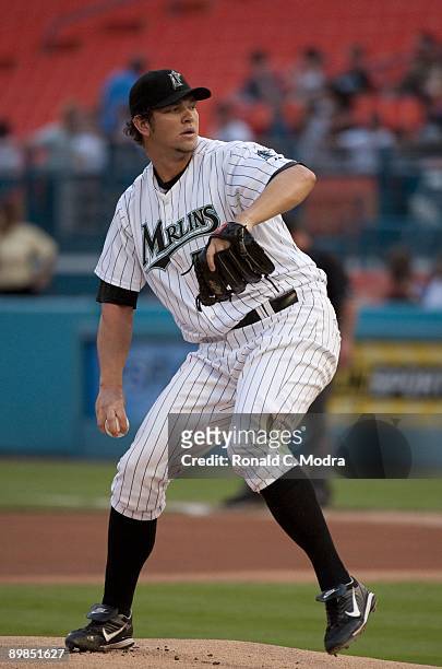 Pitcher Josh Johnson of the Florida Marlins pitches during an MLB game against the Colorado Rockies on August 14, 2009 at Land Shark Stadium in...