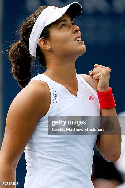 Ana Ivanovic of Serbia celebrates match point against Magdakena Rybarikova of Slovakia during the Rogers Cup at the Rexall Center on August 18, in...