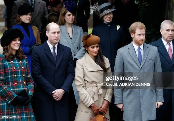 Britain's Catherine, Duchess of Cambridge, and Britain's Prince William, Duke of Cambridge, , US actress and fiancee of Britain's Prince Harry Meghan...