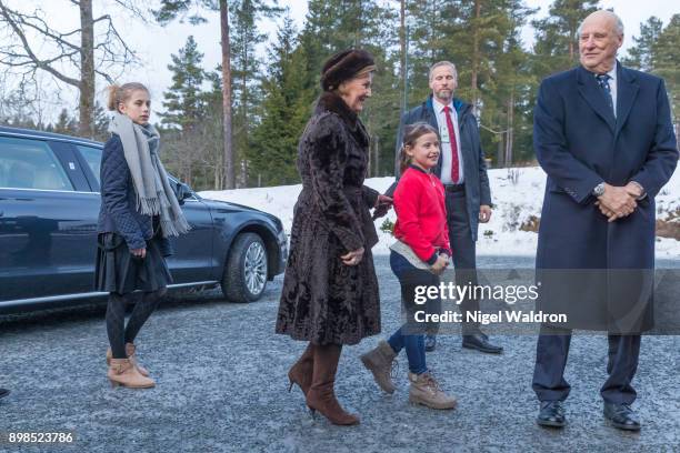 Leah Isadora Behn of Norway Queen Sonja of Norway and Emma Tallulah Behn of Norway, King Harald of Norway attend Christmas service at the...