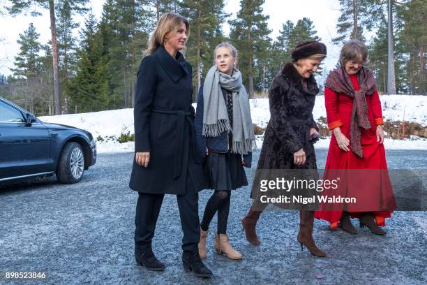 Princess Martha Louise of Norway, Leah Isadora Behn of Norway and Queen Sonja of Norway attend Christmas service at the Holmenkollen Chapel on...
