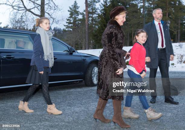 Leah Isadora Behn of Norway, Queen Sonja of Norway and Emma Tallulah Behn of Norway on December 25, 2017 in Oslo, Norway.