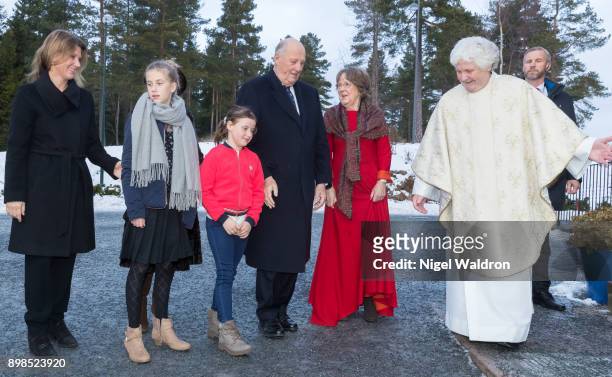Princess Martha Louise of Norway, Leah Isadora Behn of Norway, Emma Tallulah Behn of Norway and King Harald of Norway attend Christmas service at the...